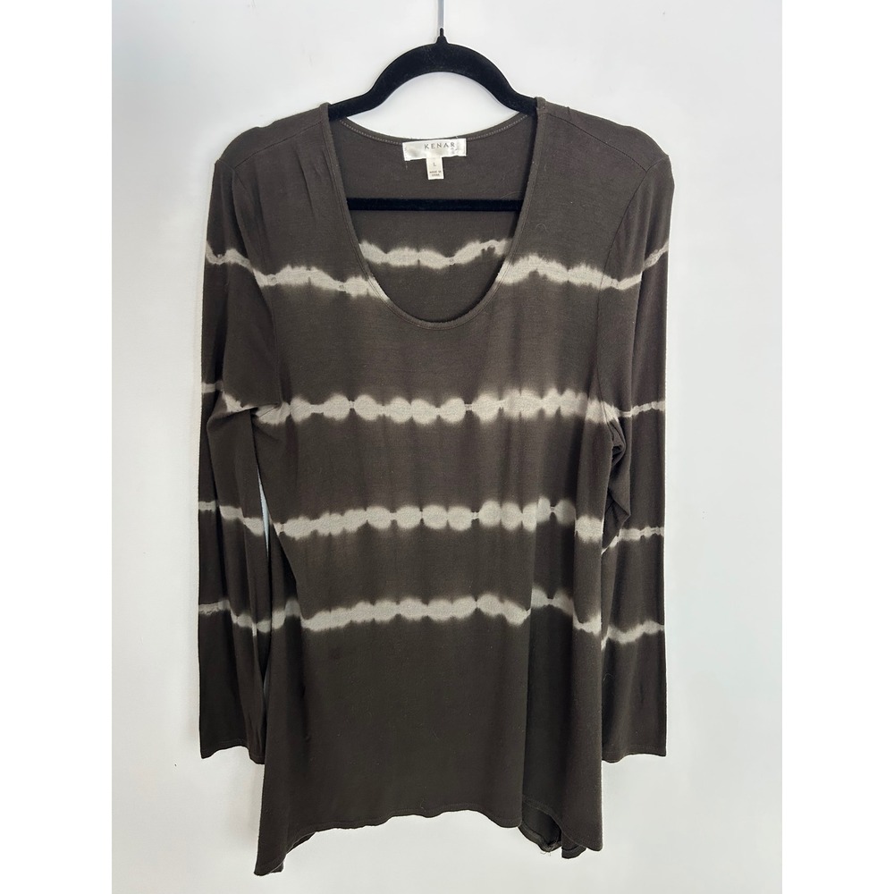 Kenar Womens Tie Dye Long Sleeve Tunic Top Brown Olive Sharkbite Hem Large